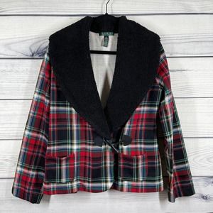 Lauren Ralph Lauren Plaid Blazer Fleece Collar Jacket Size XL